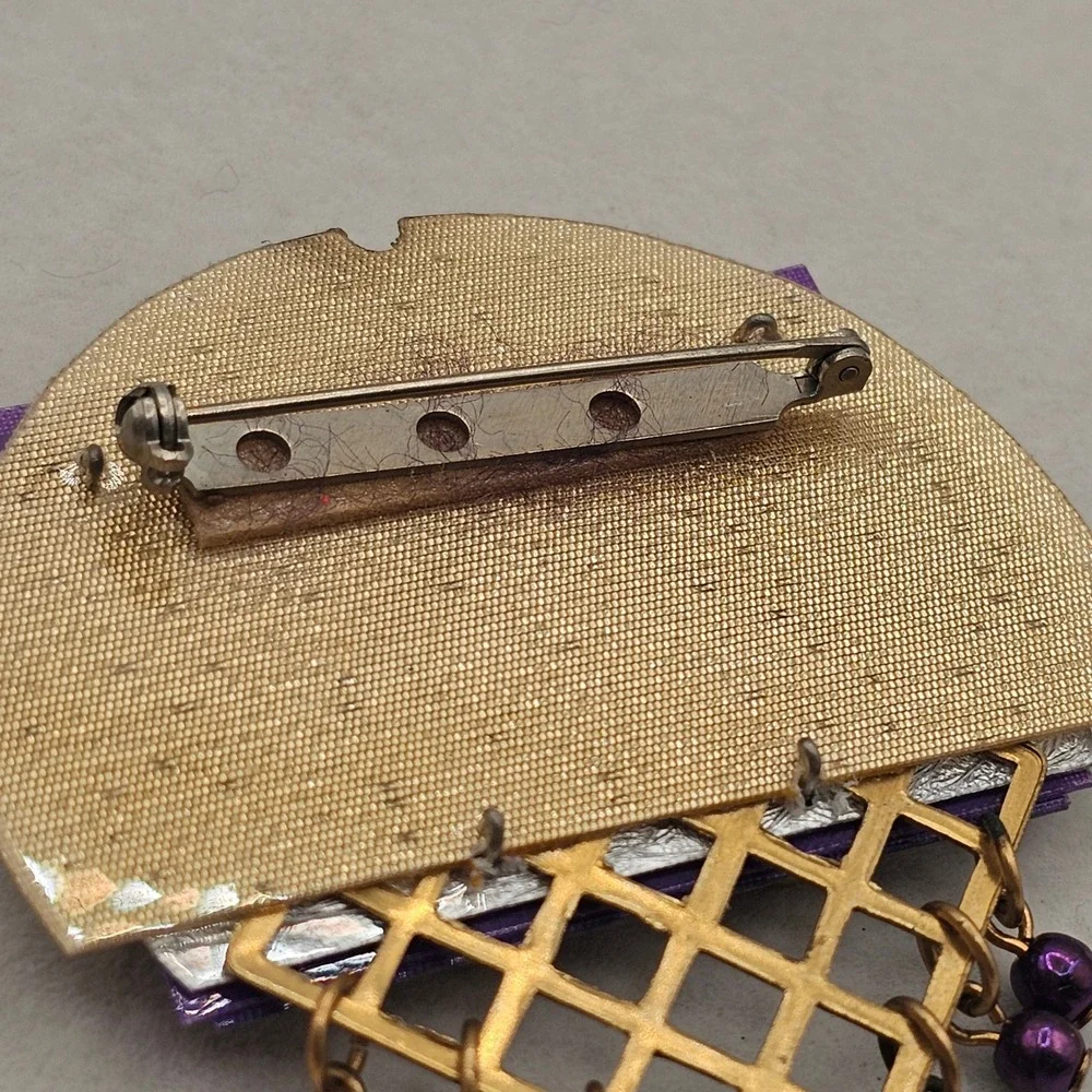 Handmade Brooch Pin Cats Stamp Whimsical Musical Purple Gold Tone Art Wear